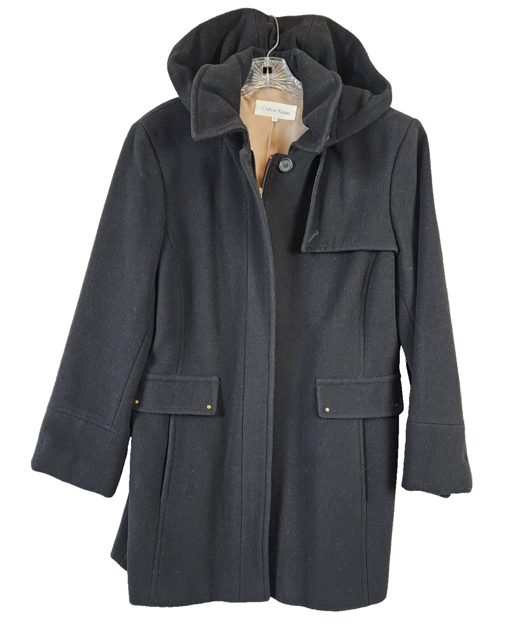 Calvin Klein Women's Hooded Coat Size 14 Black Wool/Cashmere/Nylon Blend Zip
